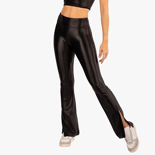 

Women's Yoga Pants Flare Leg Split Ends Tummy Control Butt Lift High Waist Yoga Fitness Gym Workout Tights Bottoms Black Faux Leather Winter Sports Activewear Micro-elastic Skinny / Athletic