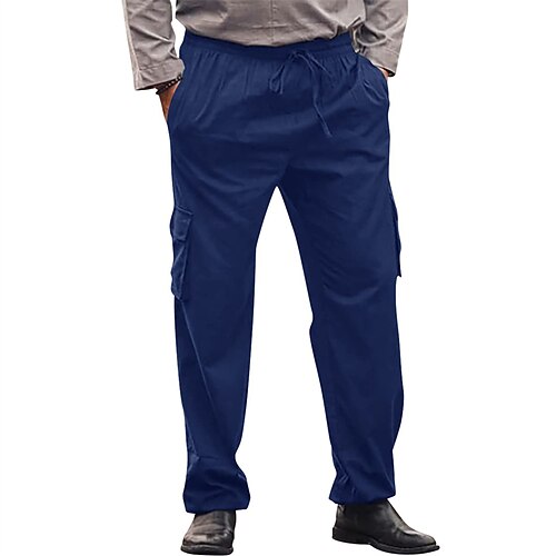 

Men's Linen Pants Trousers Casual Pants Drawstring Elastic Waist Multi Pocket Solid Color Comfort Breathable Casual Daily Streetwear Cotton Blend Sports Fashion Green Khaki Micro-elastic / Elasticity