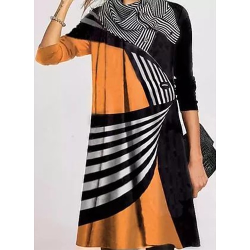 

Women's Casual Dress Knee Length Dress Knee Length Dress Yellow 3/4 Length Sleeve Line Ruched Button Print Fall Winter Stand Collar Stylish Casual 2022 S M L XL XXL 3XL