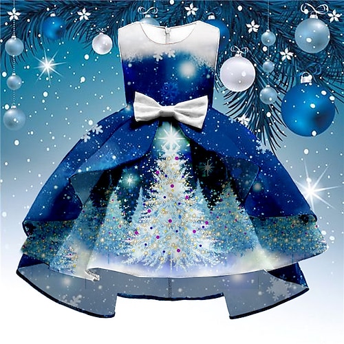 

детское платье для рождественской вечеринки для девочек снеговик рождественская елка платье трапециевидной формы рождественские подарки рюшами с круглым вырезом синее королевское синее до колен без