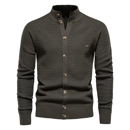 

Men's Cardigan Sweater Ribbed Knit Button Knitted Pure Color Standing Collar Warm Ups Modern Contemporary Daily Wear Going out Clothing Apparel Fall & Winter Black khaki S M L