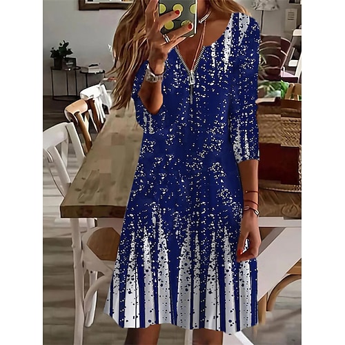 

Women's Casual Dress Shift Dress Knee Length Dress Knee Length Dress Blue Brown Long Sleeve Print Zipper Winter Fall Autumn V Neck Stylish Winter Dress Weekend Fall Dress 2023 S M L XL 2XL 3XL 4XL