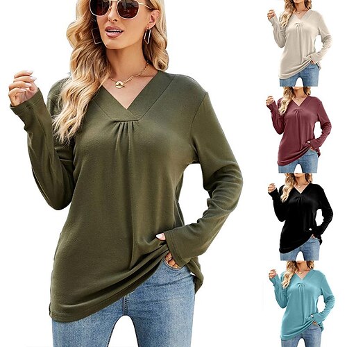

Women's T shirt Tee Pleated Solid / Plain Color V Neck Regular Spring & Fall claret Blue-Green ArmyGreen Beige Black