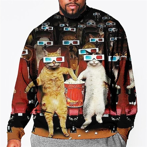 

Men's Plus Size Pullover Sweatshirt Big and Tall Graphic Crew Neck Long Sleeve Spring & Fall Basic Fashion Streetwear Comfortable Casual Sports Tops / Cat