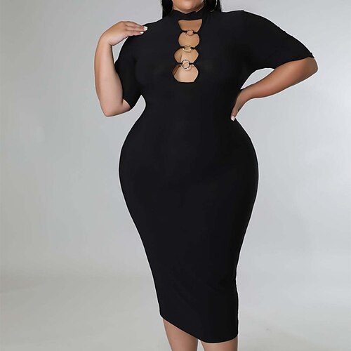 

Women's Plus Size Party Dress Solid Color Turtleneck Half Sleeve Fall Winter Stylish Elegant Formal Midi Dress Party Date Dress / Cut Out Dress