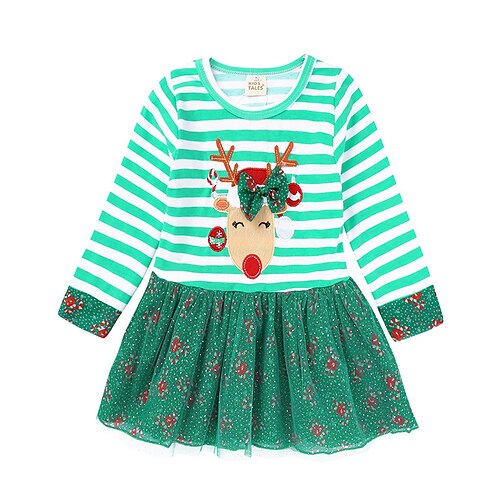 

Kids Girls' Ugly Christmas Dress Elk A Line Dress Above Knee Dress Outdoor Cotton Long Sleeve Active Dress 3-7 Years Winter Green