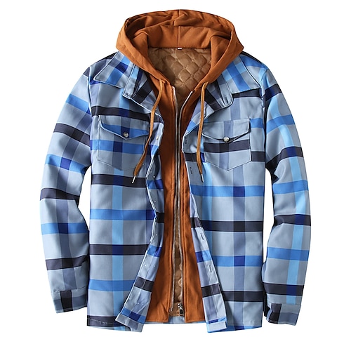 

Men's Puffer Jacket Winter Jacket Quilted Jacket Shirt Jacket Winter Coat Warm Casual Plaid / Check Outerwear Clothing Apparel Blue / Black Blue Pink Blue
