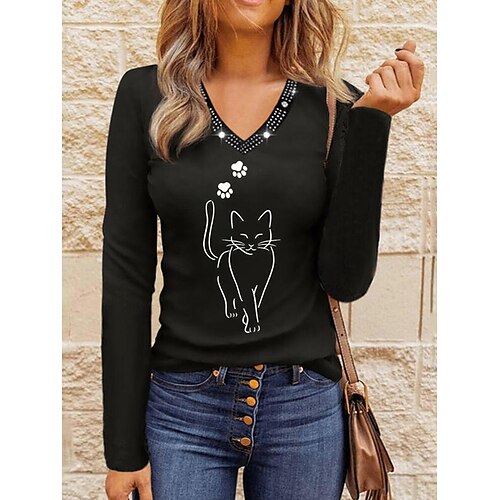 

Women's Shirt Black Cat Rhinestone Print Long Sleeve Casual Streetwear V Neck Regular S