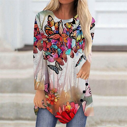 

Women's Hoodie Dress Winter Dress Green Blue Purple Khaki Long Sleeve Animal Floral Butterfly Print Winter Fall Crew Neck Stylish Casual Fall Dress Loose Fit 2022 S M L XL 2XL