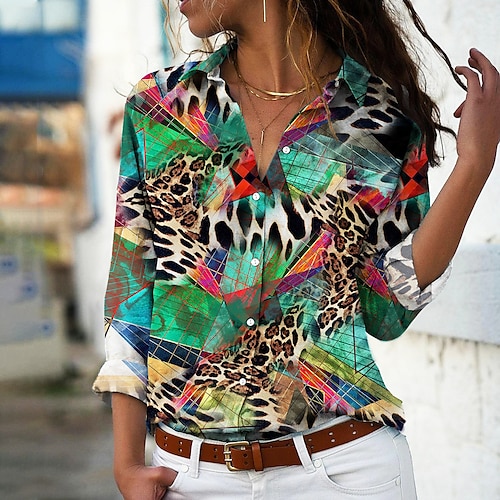 

Women's Blouse Shirt Green Blue Pink Leopard Floral Button Print Long Sleeve Holiday Weekend Streetwear Shirt Collar Regular Floral S