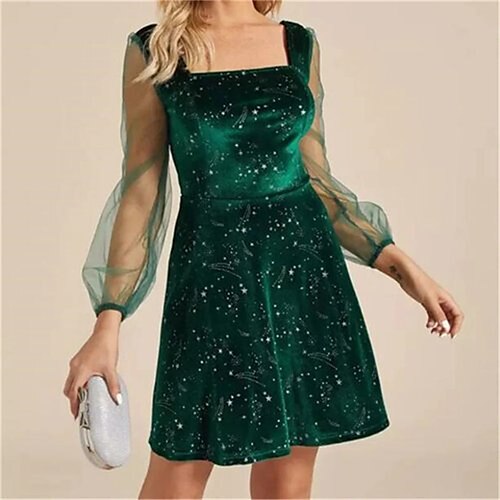 

A-Line Cocktail Dresses Elegant Dress Wedding Guest Short / Mini Long Sleeve Square Neck Organza with Sequin 2022