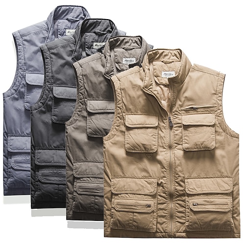 

Men's Vest Outdoor Comfortable Daily Wear Going out Zipper Standing Collar Casual Daily Jacket Outerwear Pure Color Zipper Multiple Pockets Dark Grey Camel Khaki