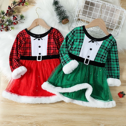 

Kids Girls' Ugly Christmas Dress Plaid A Line Dress Outdoor Green Red Above Knee Long Sleeve Active Fashion Dresses Christmas Winter Fall Regular Fit 3-7 Years