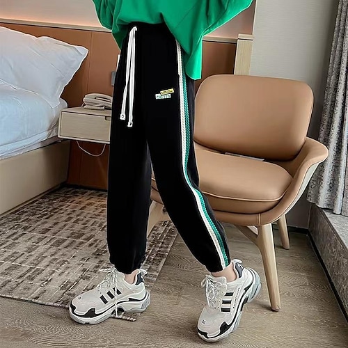 

Kids Girls' Pants Gray Black Striped Fall Winter Active Casual 4-13 Years