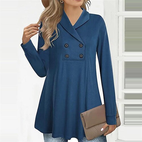 

Women's Blouse Blue Plain Button Long Sleeve Work Business Shirt Collar Regular S