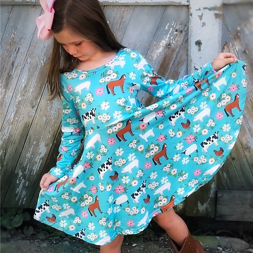 

Kids Girls' Dress Floral A Line Dress Above Knee Dress Casual Crewneck Long Sleeve Active Dress 3-10 Years Winter Blue / Cute / Fall