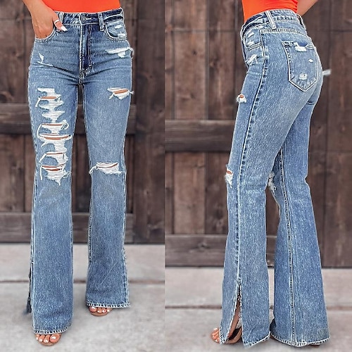 

Dame Jeans Bootcut Distressed Jeans flare leggings Denimstof Blå Mode Gade Afslappet Sidelommer Delt Mikroelastisk Fuld længde Komfort Vanlig S M L XL 2XL