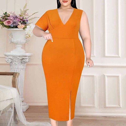 

Women's Plus Size Party Dress Solid Color V Neck Short Sleeve Fall Winter Work Elegant Formal Sexy Maxi long Dress Formal Party Dress / Work Dress