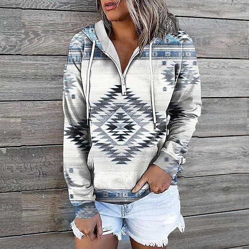 

Women's Hoodie Zipper Geometric Basic Hooded Standard Winter Creamy-white Green Black Dark Red Dark Grey