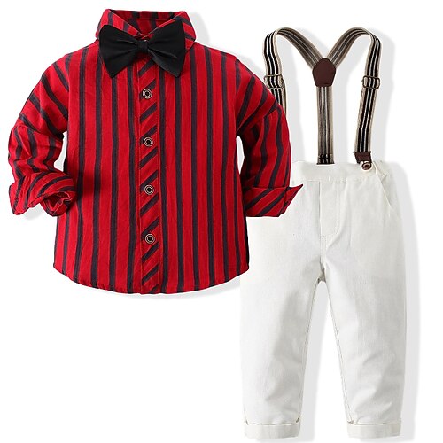 

3 Pieces Toddler Boys Shirt & Pants Outfit Stripe Long Sleeve Set Anniversary Fashion Winter Fall 3-7 Years Red