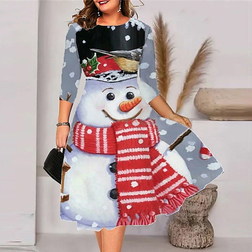 

Women's Plus Size Christmas Work Dress Snowman Round Neck Print 3/4 Length Sleeve Winter Fall Stylish Midi Dress Vacation Dress