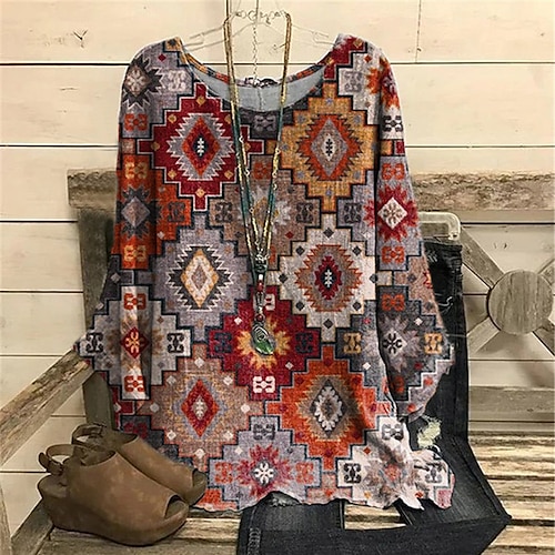 

Women's Plus Size Tops Blouse Shirt Geometry Print Long Sleeve Crewneck Vintage Casual Daily Vacation Polyester Winter Fall Blue khaki