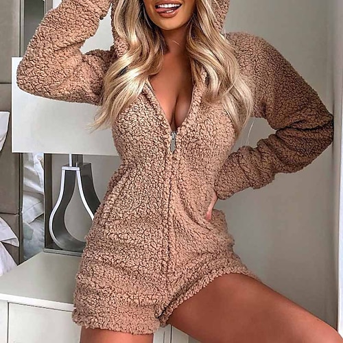 

Women's Pajamas Winter Onesies Jumpsuits One Piece Pajama Pure Color Simple Comfort Soft Home Daily Bed Fleece Warm V Wire Long Sleeve Winter Fall Brown / Pjs / Plush