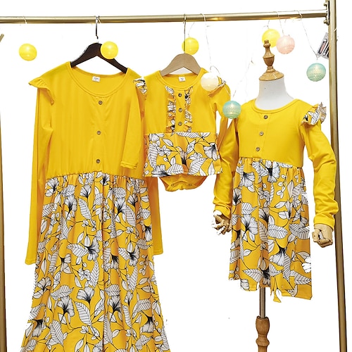 

Mommy and Me Dresses Floral Causal Yellow Navy Blue Long Sleeve Midi Basic Matching Outfits