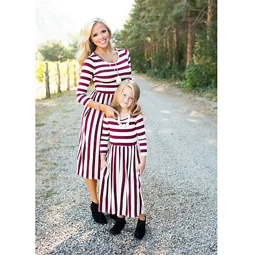 

Mommy and Me Dresses Stripe Causal Red 3/4 Length Sleeve Midi Basic Matching Outfits