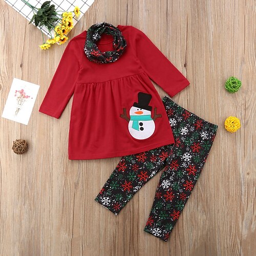 

Toddler Girls' Snowman Ruched Clothing Set Set Long Sleeve Fashion School Cotton 3-7 Years Winter Red / Fall / Above Knee