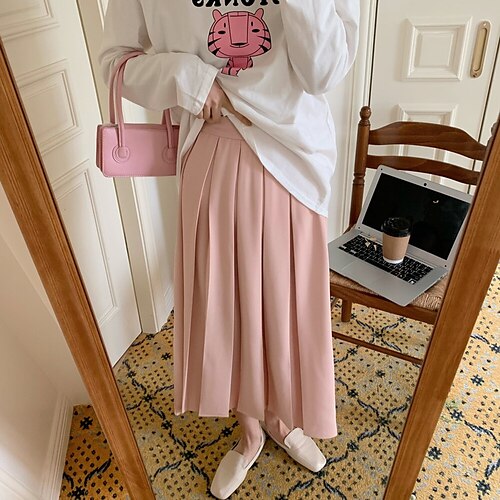 

Women's Skirt Midi Polyester Water Blue Black Pink Apricot Skirts Pleated Fashion Casual Daily Weekend M L