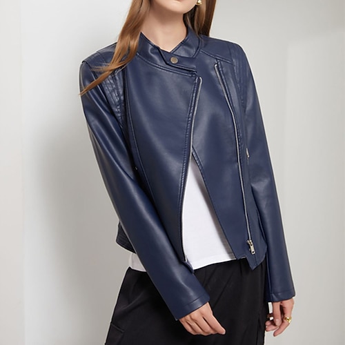 

Women's Faux Leather Jacket Windproof Warm Outdoor Street Daily Vacation Zipper Zipper Turndown Fashion Modern Street Style Solid Color Regular Fit Outerwear Long Sleeve Winter Fall Black Dark Blue