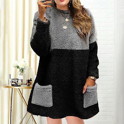 

Women's Plus Size Casual Dress Color Block Crew Neck Long Sleeve Winter Fall Casual Mini Dress Daily Going out Dress / Hoodie Dress