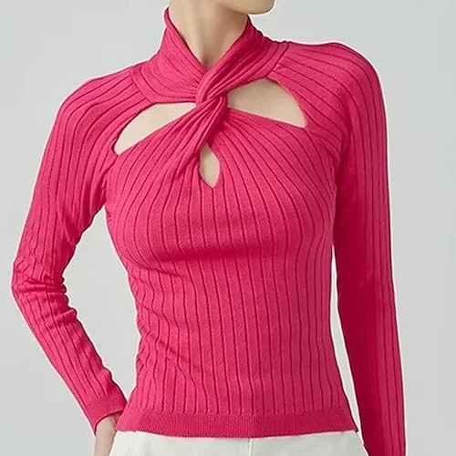 

Women's Pullover Sweater jumper Jumper Ribbed Knit Knitted Hole Pure Color Stand Collar Stylish Sexy Date Going out Winter Fall Green Yellow One-Size / Long Sleeve