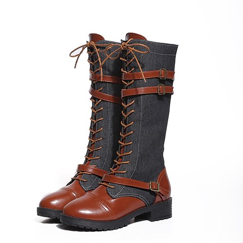 

Women's Boots Lace Up Boots Knee High Boots Buckle Lace-up Low Heel Round Toe Vintage British Industrial Style Party Outdoor Christmas Walking Shoes Denim Lace-up Fall Winter Solid Colored Blue Black