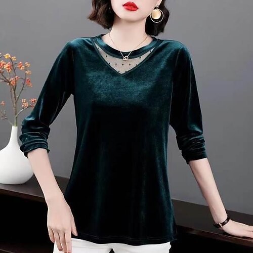 

Women's Blouse Lace Velvet Solid / Plain Color Elegant & Luxurious Regular Winter Green Black