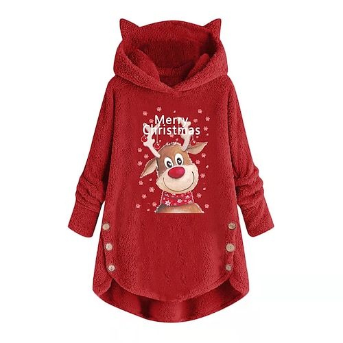 

Women's Hoodie Sweatshirt Pullover Sherpa Fleece Teddy Christmas Button Black Pink Red Graphic Christmas Hoodie Long Sleeve Fleece S M L XL 2XL