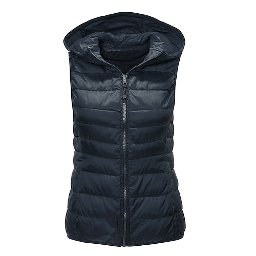 

Women's Plus Size Vest Pocket Zip Up Plain Causal Vacation Sleeveless Hooded Regular Winter Fall Dark Blue L XL XXL 3XL 4XL