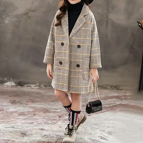 

Kids Girls' Woolen Coat Long Sleeve Yellow Solid Color Pocket Winter Neutral School 7-13 Years