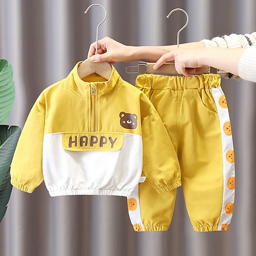 

2 Pieces Toddler Boys Sweatshirt & Pants Outfit Cartoon Letter Long Sleeve Zipper Cotton Set School Cool Daily Winter Fall 3-7 Years Black Yellow Navy Blue