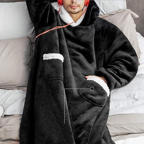

Men's Pajamas Nightgown Wearable Blanket Hoodie Blanket Pure Color Fashion Simple Plush Home Polyester Warm Breathable Hoodie Long Robe Pocket Embroidery Hoodie Winter Black Red Blue / Flannel