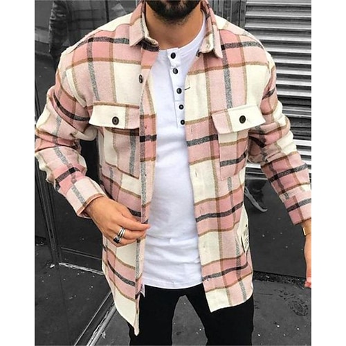 

Men's Coat With Pockets Daily Wear Vacation Going out Single Breasted Turndown Streetwear Casual Daily Outdoor Jacket Outerwear Plaid Print Pink