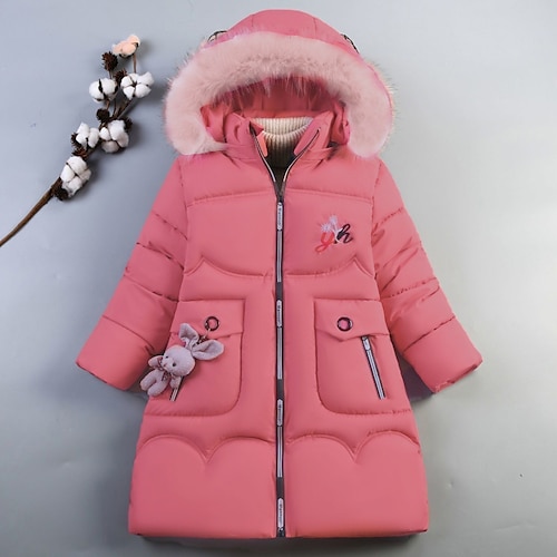 

Kids Girls' Jacket Down Parka Long Sleeve Blushing Coat Pink Fuchsia Black Plain Zipper Pocket Fur Adorable Cute 10-13 Years / Winter / Maxi