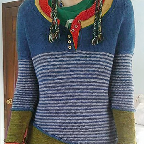 

Women's Pullover Sweater jumper Jumper Ribbed Knit Knitted Striped Crew Neck Stylish Casual Outdoor Daily Winter Fall Blue Red S M L / Long Sleeve / Regular Fit / Going out