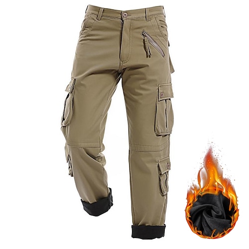 

Men's Cargo Pants Fleece Pants Trousers Winter Pants Multi Pocket Full Length Cotton Dark Khaki Army Green