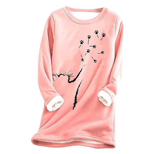 

Women's Plus Size Tops Fleece Pullover Sweatshirt Animal Cat Print Long Sleeve Casual Sherpa Fleece Daily Going out Polyester Winter Fall Black Blue
