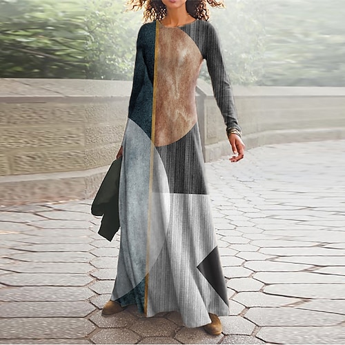 

Women's Casual Dress Swing Dress Long Dress Maxi Dress Gray Long Sleeve Geometric Pocket Winter Fall Autumn V Neck Winter Dress Fall Dress 2022 S M L XL XXL 3XL