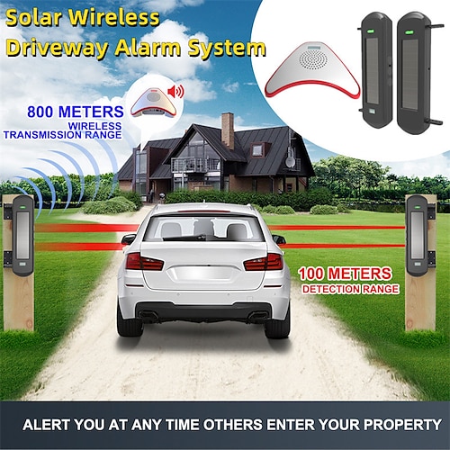 

Solar Wireless Driveway Alarm System- 1/2 Mile Long Transmission Range- 300 Feet Wide Sensor Range- No Wiring No Need Replace Battery- Outdoor Weatherproof DIY Security Perimeter Alert System