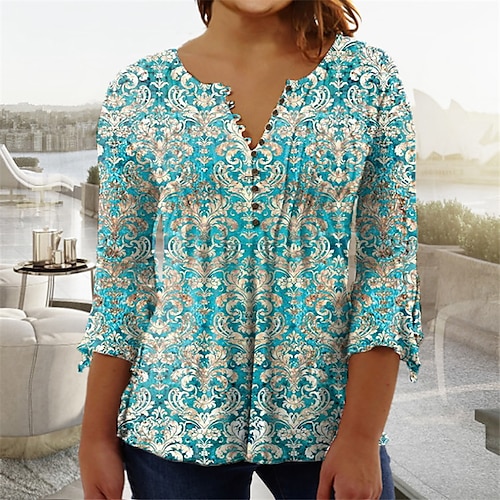 

Women's Plus Size Tops Blouse Shirt Floral Button Print 3/4 Length Sleeve V Neck Casual Daily Vacation Cotton Spandex Jersey Winter Fall Blue LightBlue