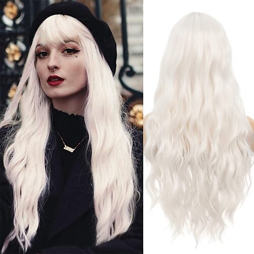 

Long Curly Wavy White Wigs With Bangs Natural Synthetic Heat Resistant Daily Cosplay Hair Wig for Women ChristmasPartyWigs